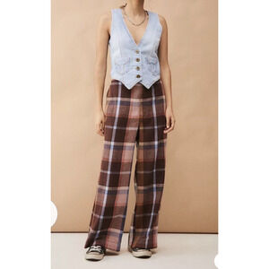 Urban Outfitters Abby Plaid Brushed Trousers Flannel Wide Leg Ankle High Rise 0